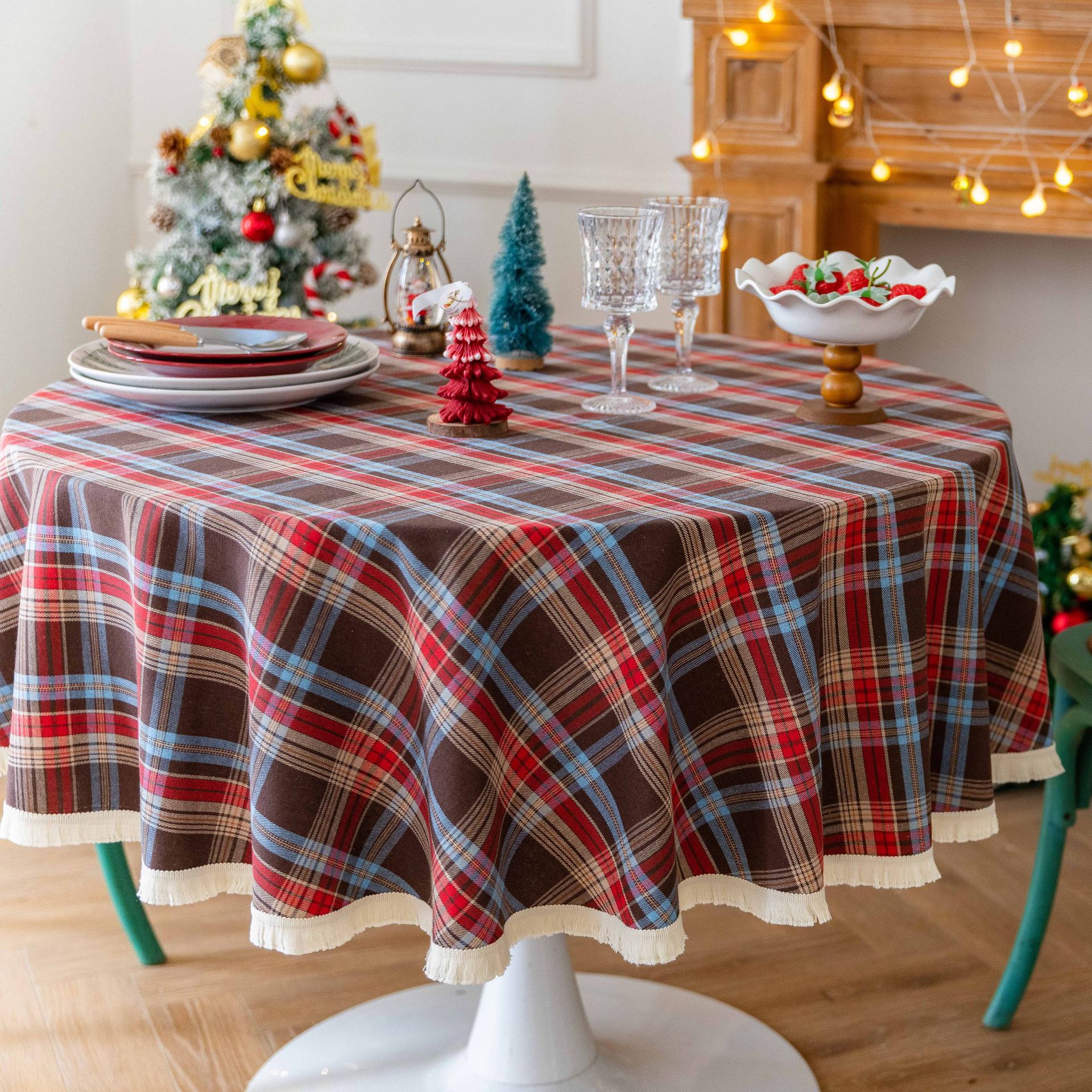 Cross-Border Christmas Holiday Decoration Table Fabric, Retro Striped Checkered Cotton And Linen Restaurant Party Cover, Amazon Specification drawing