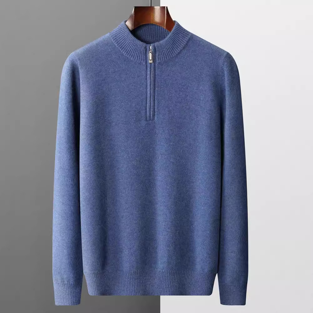 Casual business 100 wool sweater for men, semi-high neck and semi-zipper cashmere sweater for warmth, solid color knitted base for men