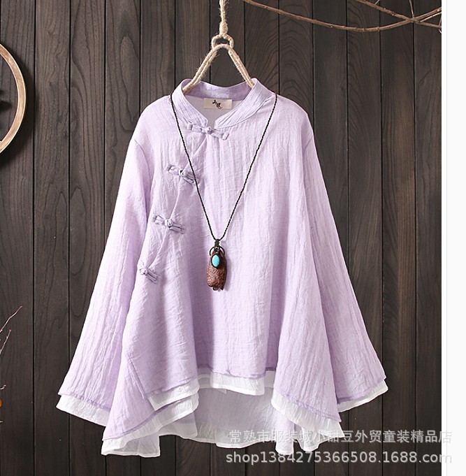 Retro cotton and linen long-sleeved Chinese-style slanted lapel, button-up, irregular hem, loose stand-up collar, tea-style women's shirt Specification image