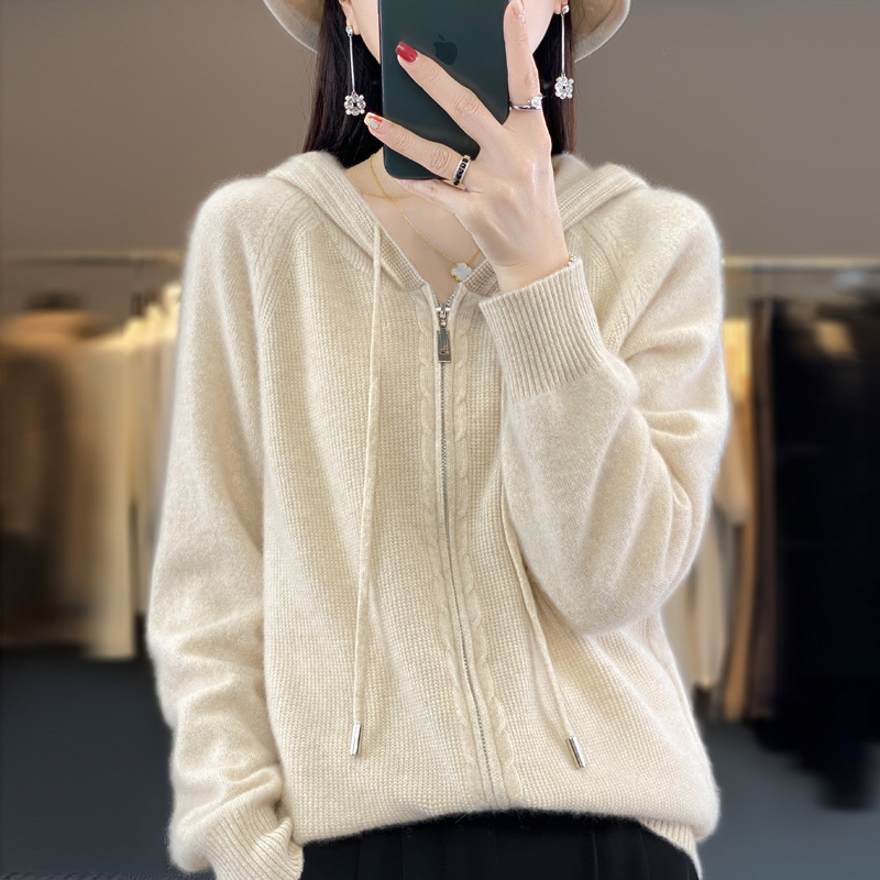 2023 Autumn/Winter new Korean-style knitted sweater cardigan for women, hooded blended wool hoodie, double zipper sweater coat