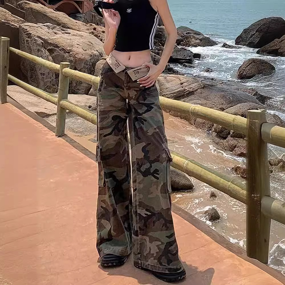 美式复古迷彩工装裤女2024夏季新款低腰高个子宽松垂感阔腿牛仔裤图
