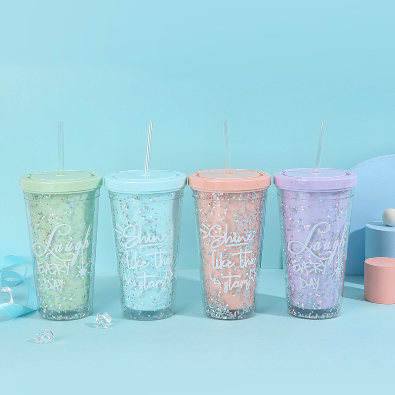 Summer new double-layer household carrying straw ice cup, popular star sequined creative plastic student gift water cup Specification image