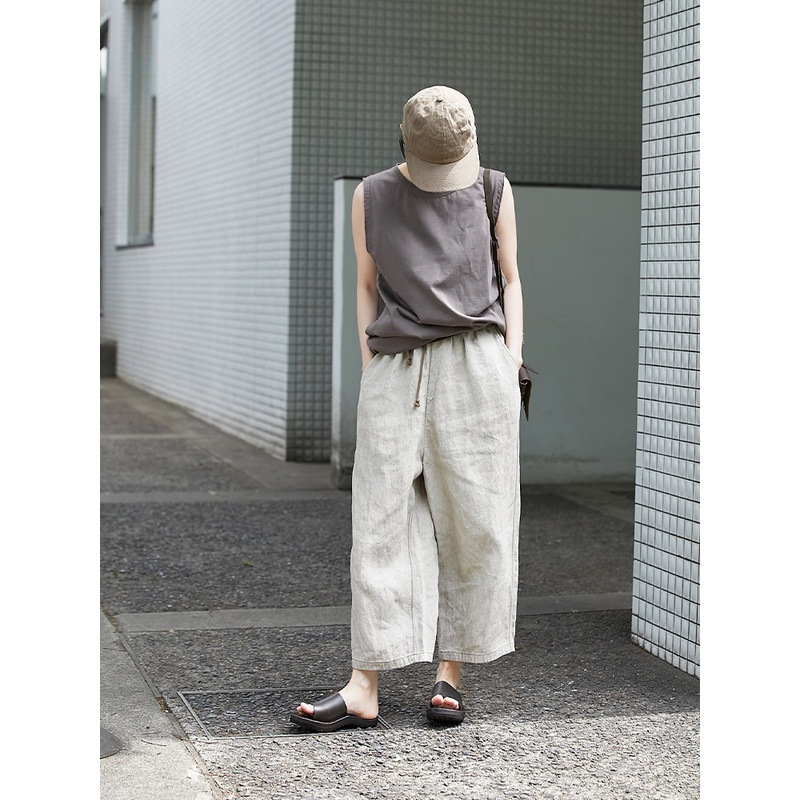 For the summer of 2025, new women's trousers: Rain and dew linen denim, elastic waist, loose and breathable, lace-up linen wide-leg radish pants Application Scenario