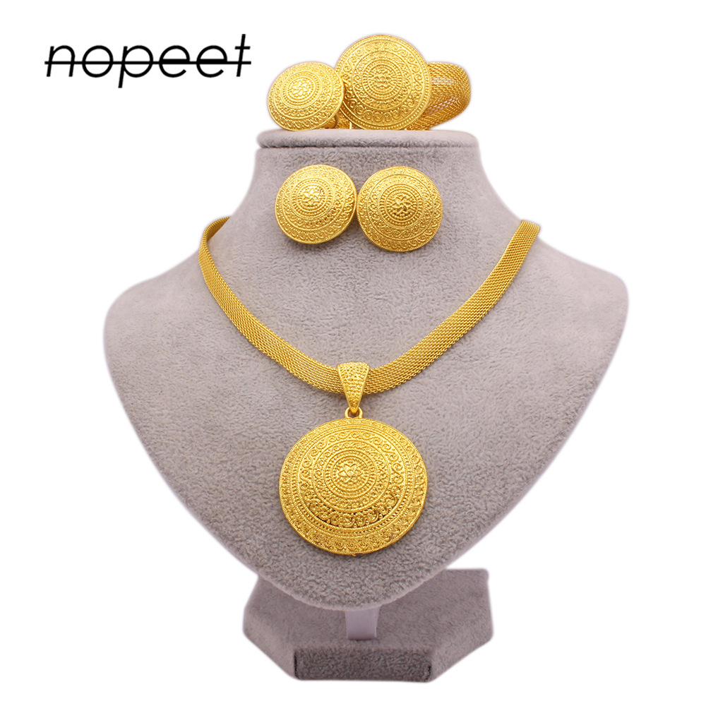 供应迪拜24K金新娘项链戒指耳环手链四件套尼日利亚结婚首饰套装