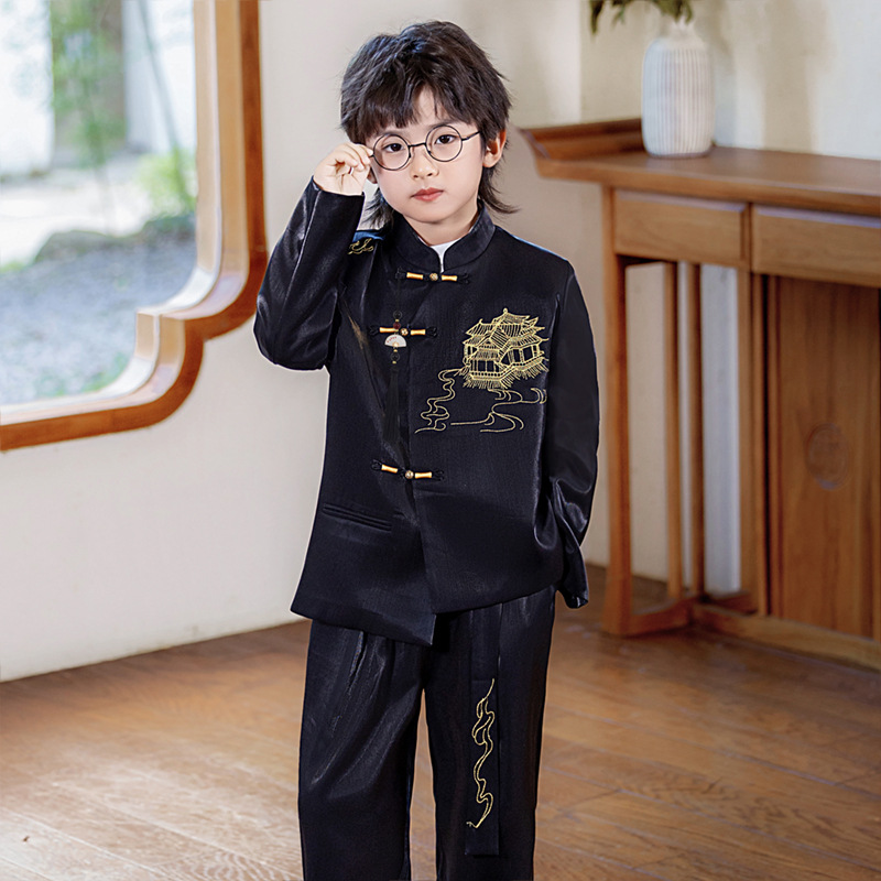 男童新中式唐装国风刺绣立领汉服儿童主持演讲钢琴演出服周岁礼服国潮