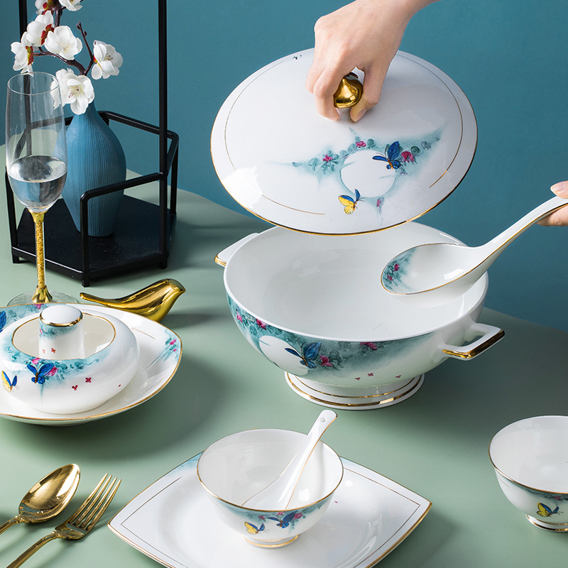 国潮送礼 碗碟套装 家用宫廷金边餐具套装组合骨瓷景德镇陶瓷碗碟套装