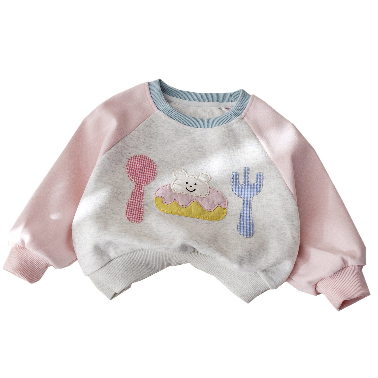 New children's and girls' spring and autumn hoodies, cute cartoon patchwork embroidered pullovers, baby spring wear patchwork color-blocking tops Item Picture