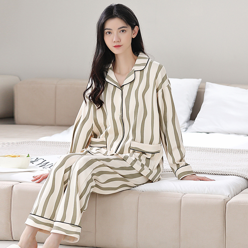 纯棉女士睡衣女春夏新款100%棉斑马纹长袖开衫休闲家居服套装