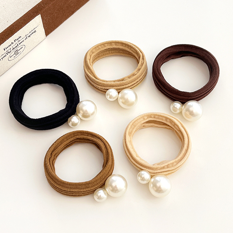 Korean version thickened high-elasticity pearl hair band, milk coffee-colored elegant ponytail hair tie, fashionable and simple bun hair tie for women