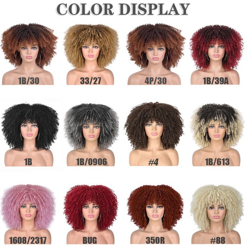 Cross-border European and American black chemical fiber women's hair manufacturer wigs African small curly hair explosion wig full head set Specification image