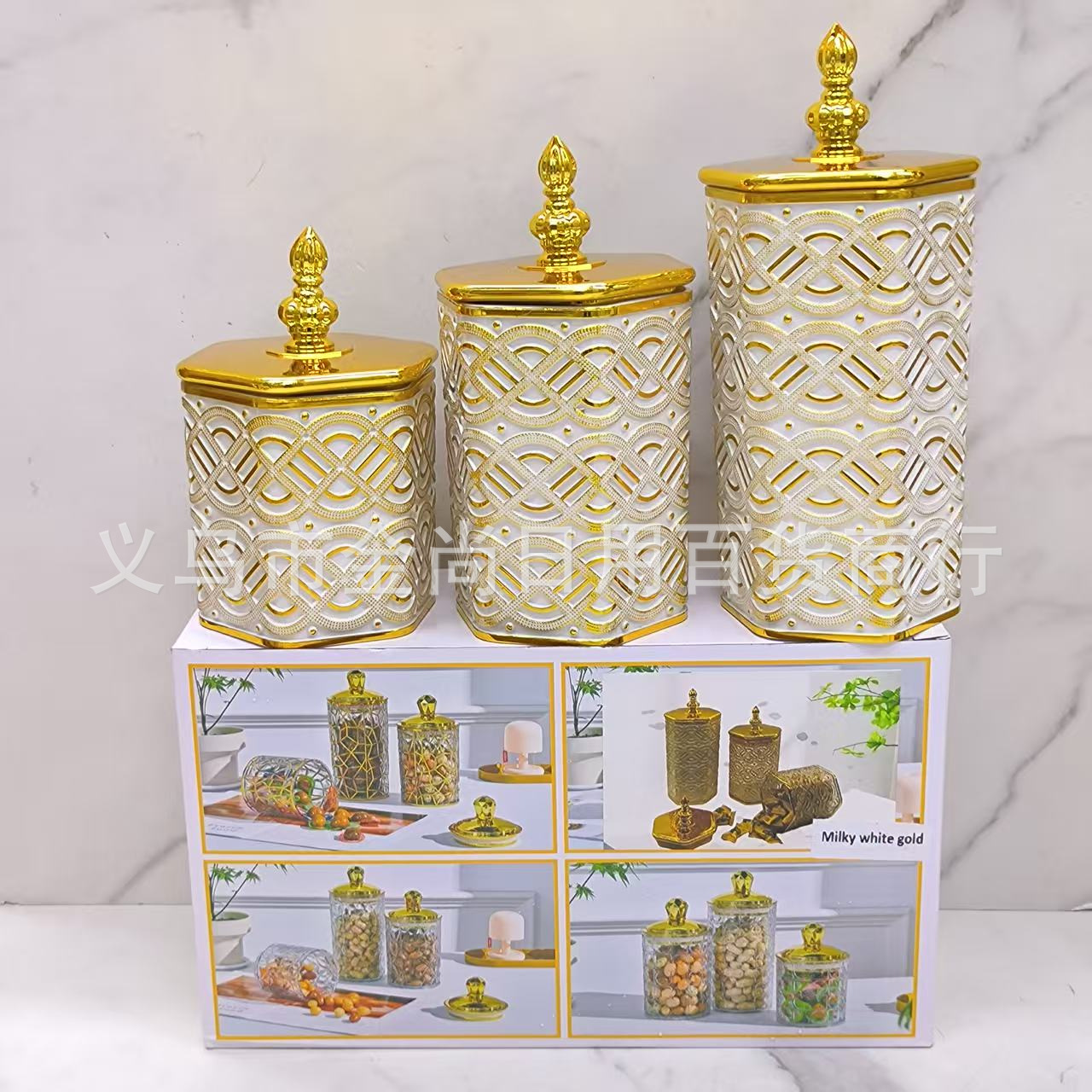 Candy organizing small jar, desktop snack storage box, plastic transparent milky white hexagonal ruyi knot sealed jar full figure