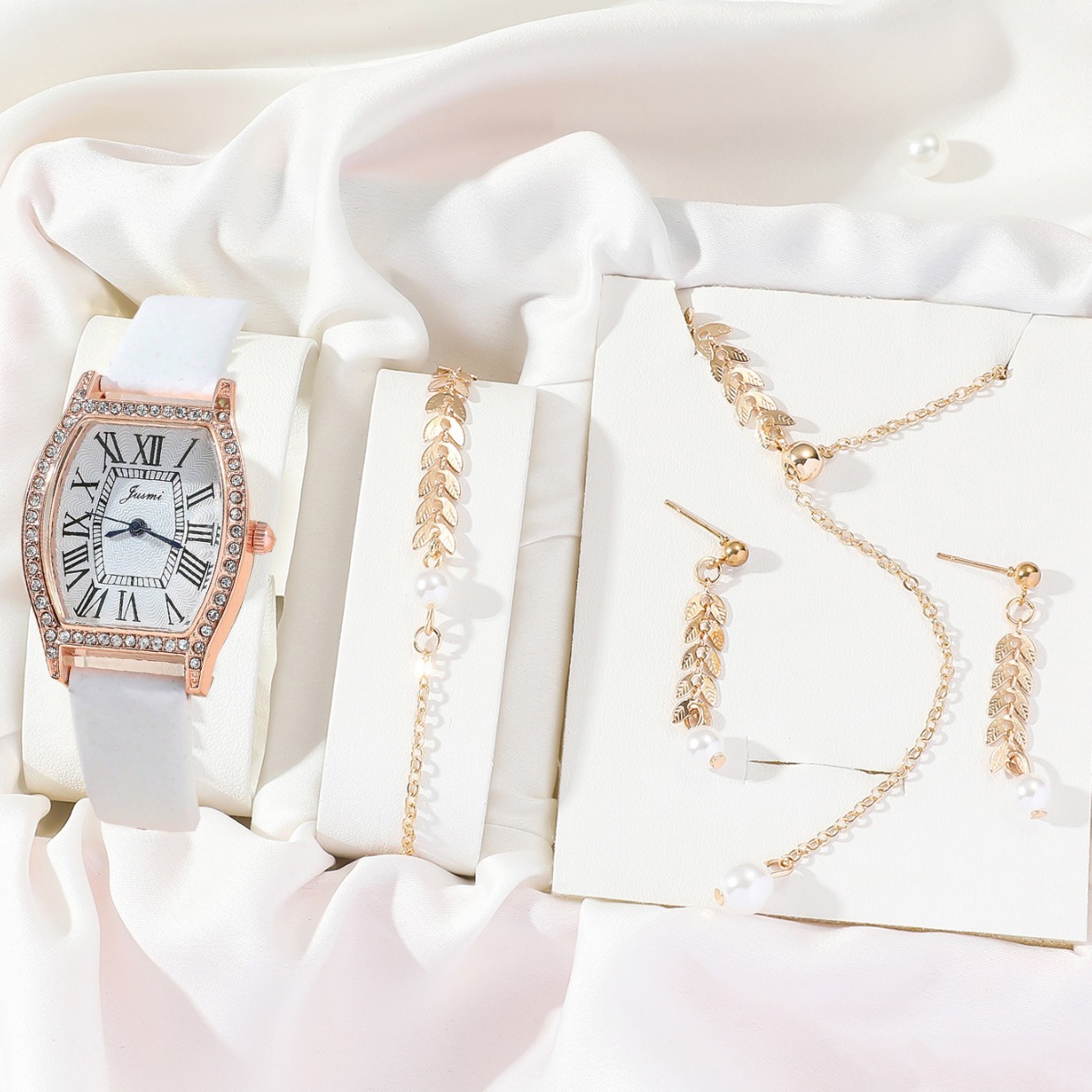 女士清新简约百搭白色皮带水桶手表+珍珠饰品套装