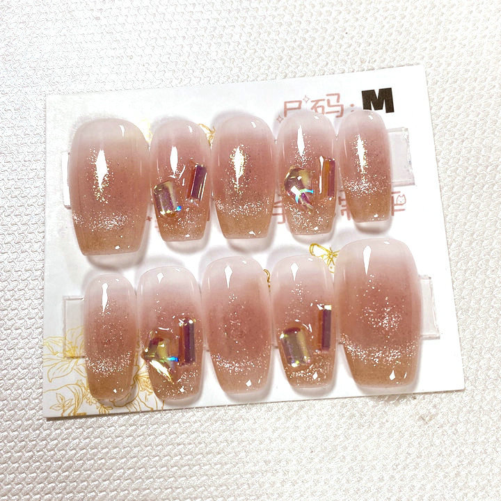 纯手工穿戴甲成品假指甲贴片果冻胶短款猫眼晕染贝壳钻款短梯m号详情2