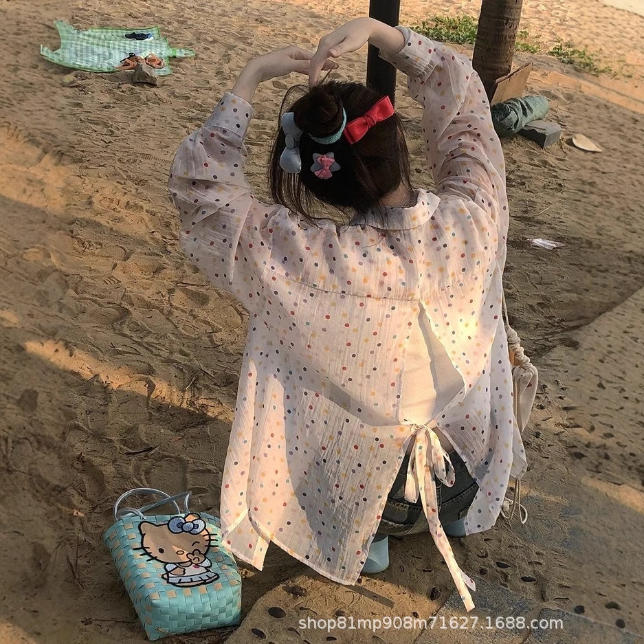 Korean chic colorful polka dot slit tie sun-protective shirt for women, lapel loose casual long-sleeved shirt for women Specification image