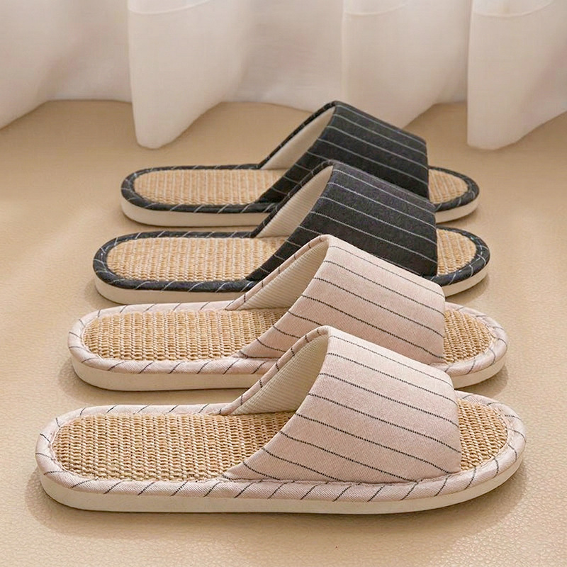 Retro linen slippers, women's spring and autumn indoor anti-slip soft-soled silent slippers, men's outdoor striped cotton and linen floor slippers
