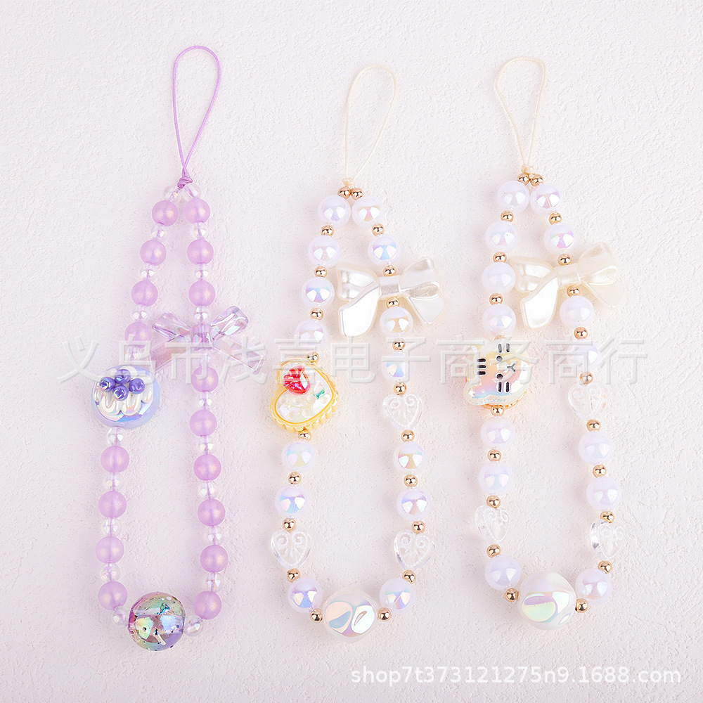 Korean InS-style girlish cartoon cat phone chain, cute dessert decoration, diy beaded phone lanyard and chain