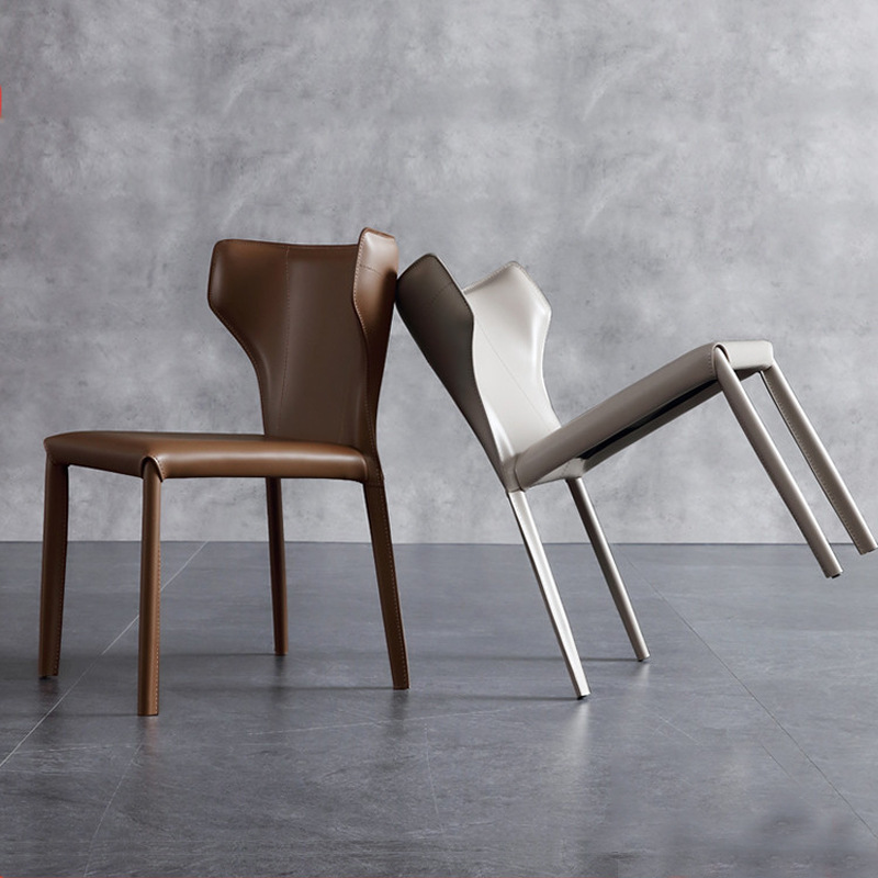 Saddle leather dining chair home modern simple Nordic light luxury dining chair Italian minimalist designer chair book table chair