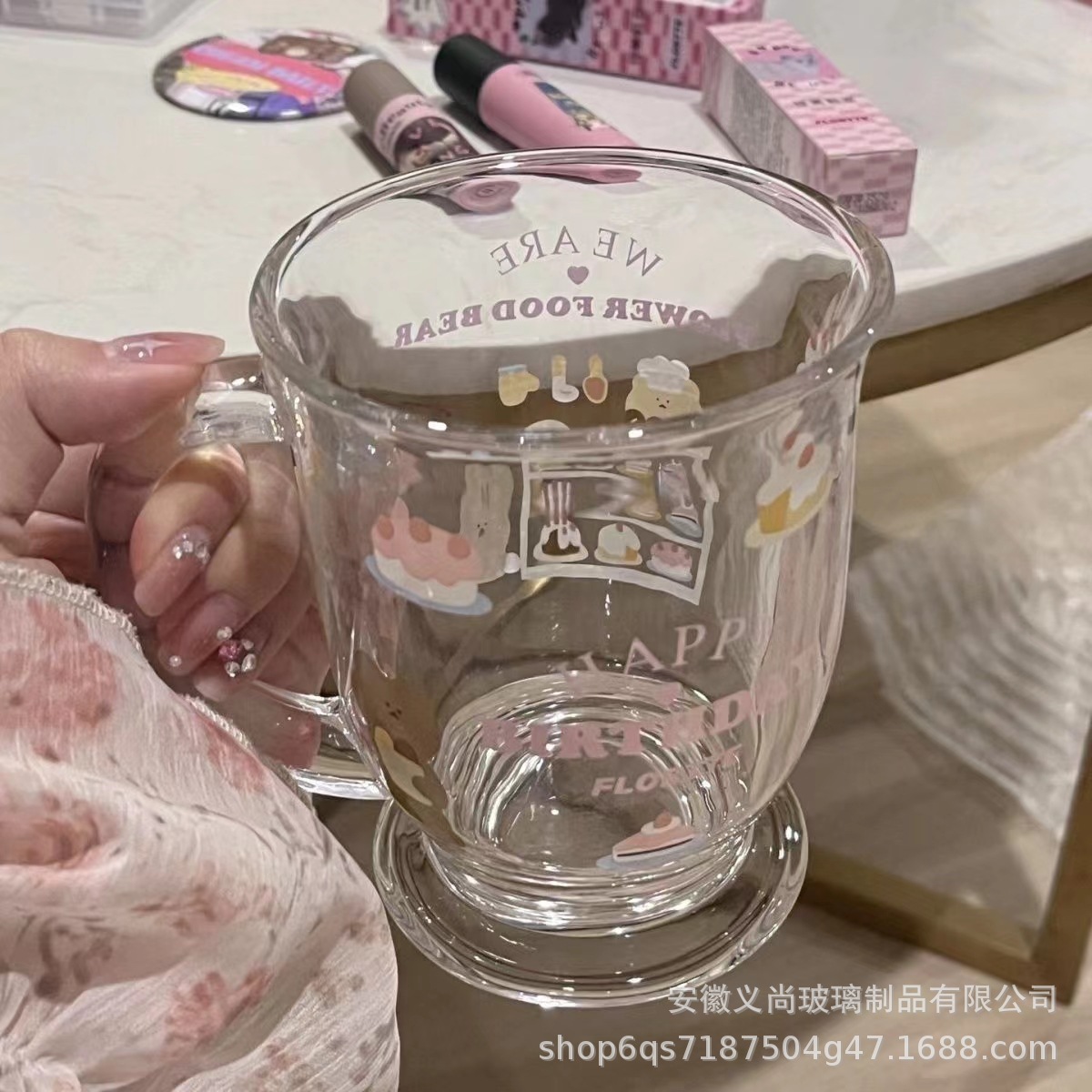 可爱小熊蛋糕玻璃杯高颜值ins卡通玻璃杯便携大容量产品图