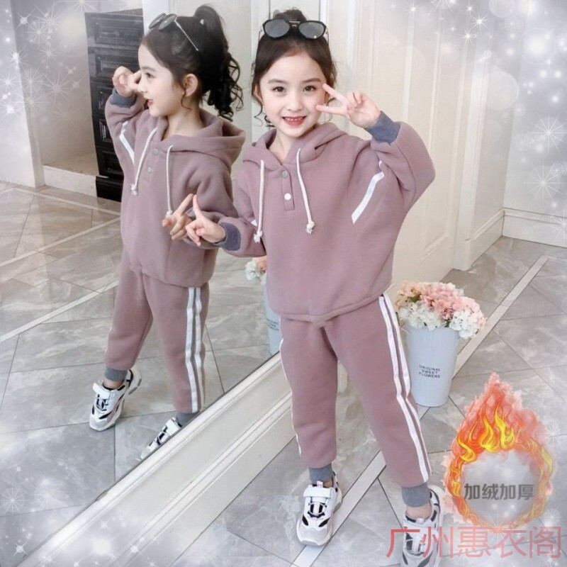 外贸加绒秋冬季2022新款儿童女童服装拼接连帽卫衣套装两件套批发