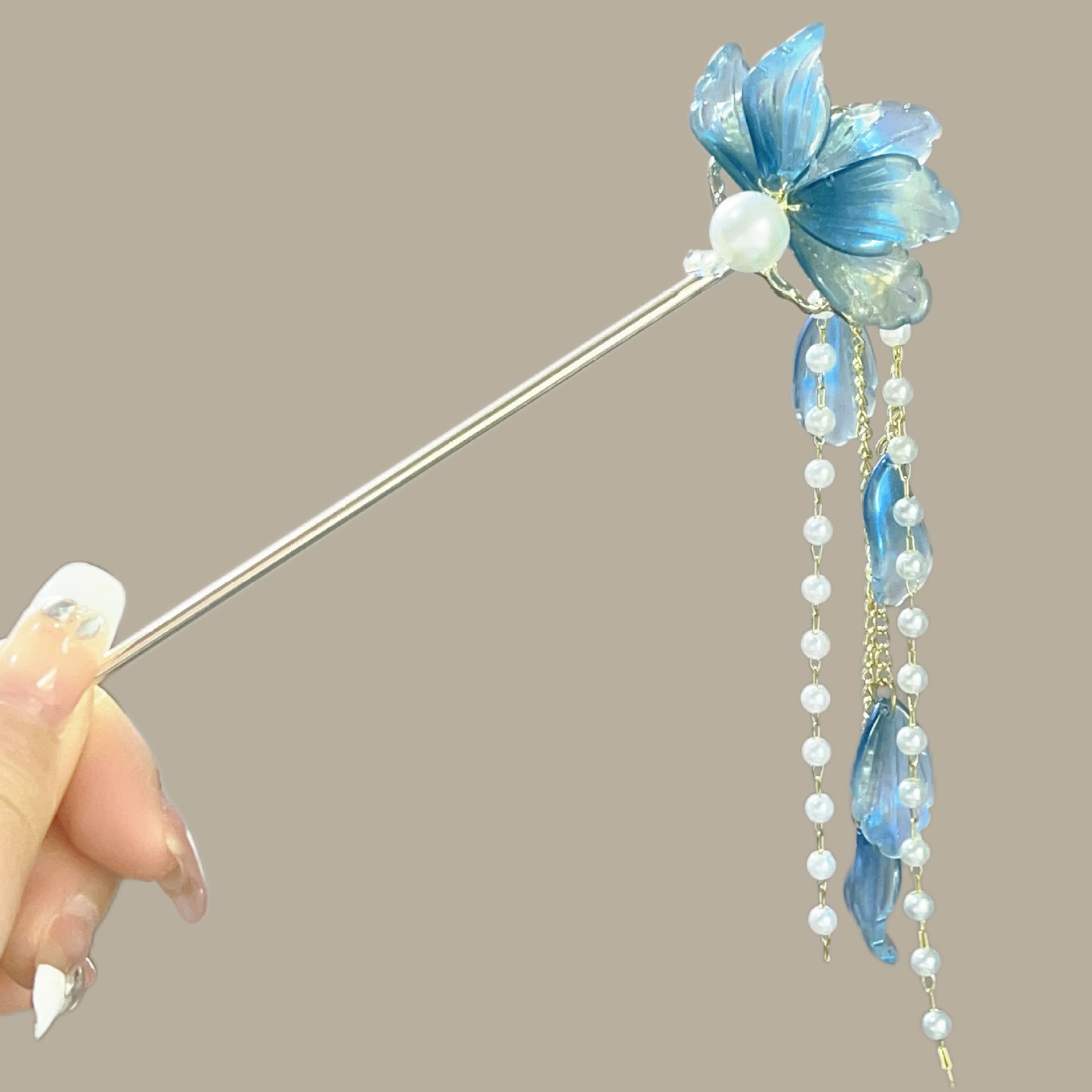 National style, national trend, ancient style blue flower hairpin, high-end feel, new Chinese style pearl tassel, step shaking women's hair accessory, hairpin, head accessory, hairpin details Picture