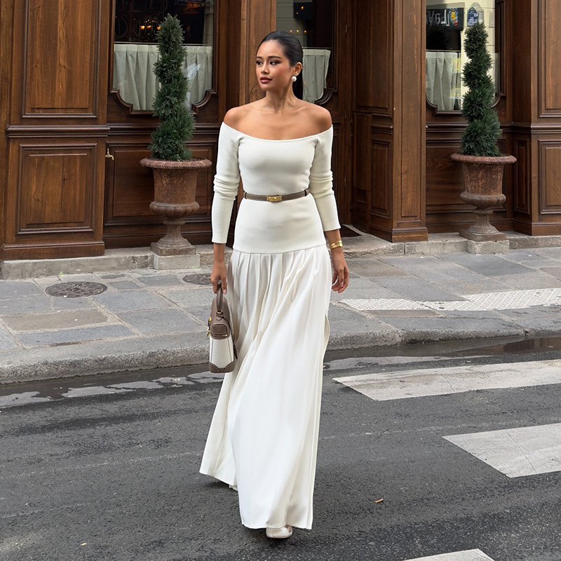 D016DS Europe and the United States cross-border 2024 autumn new solid color one-line shoulder long sleeve slim French patchwork long dress thumbnail