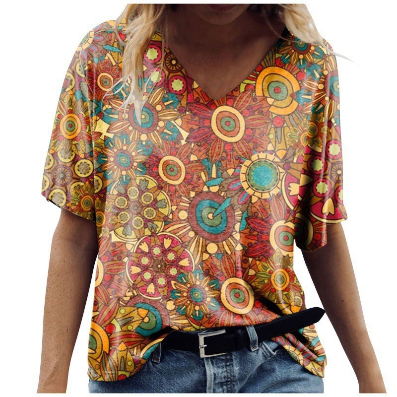 New Amazon T-shirt cross-border manufacturer supply, loose cross-border 3DV collar short-sleeved T-shirt for women with printed MJ from Europe and America Application Scenario