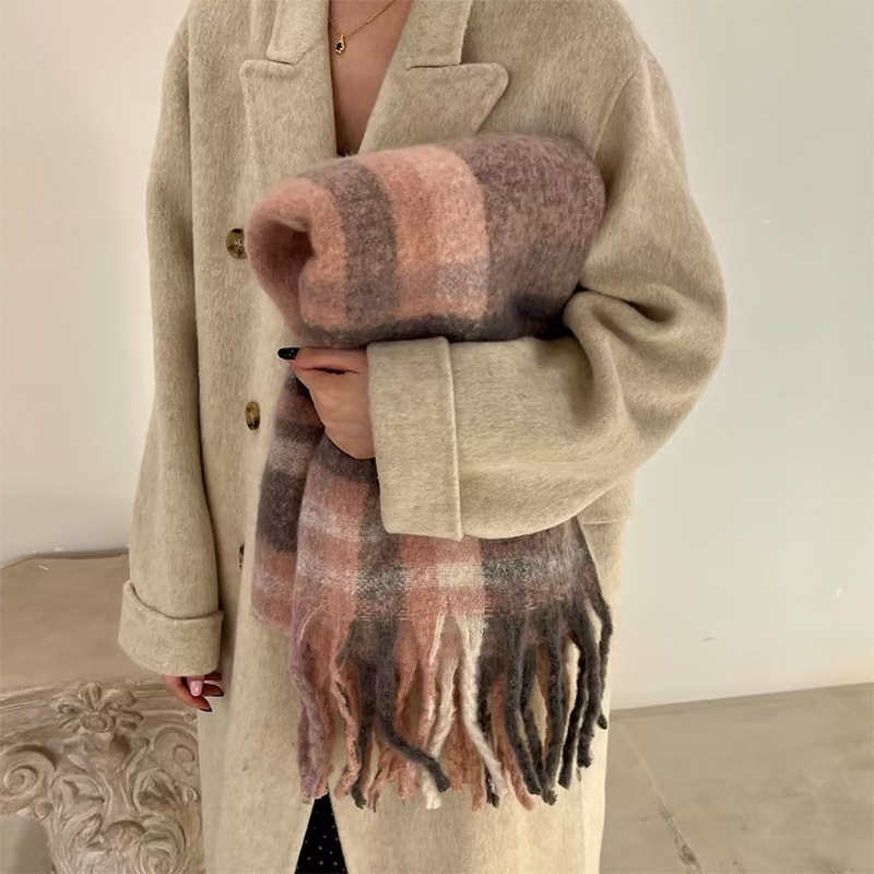 Colorful Plaid Scarf Winter Stripes Thick Braid Bib Mohair Thickened Ins Student Warm Scarf Wholesale Application Scenario