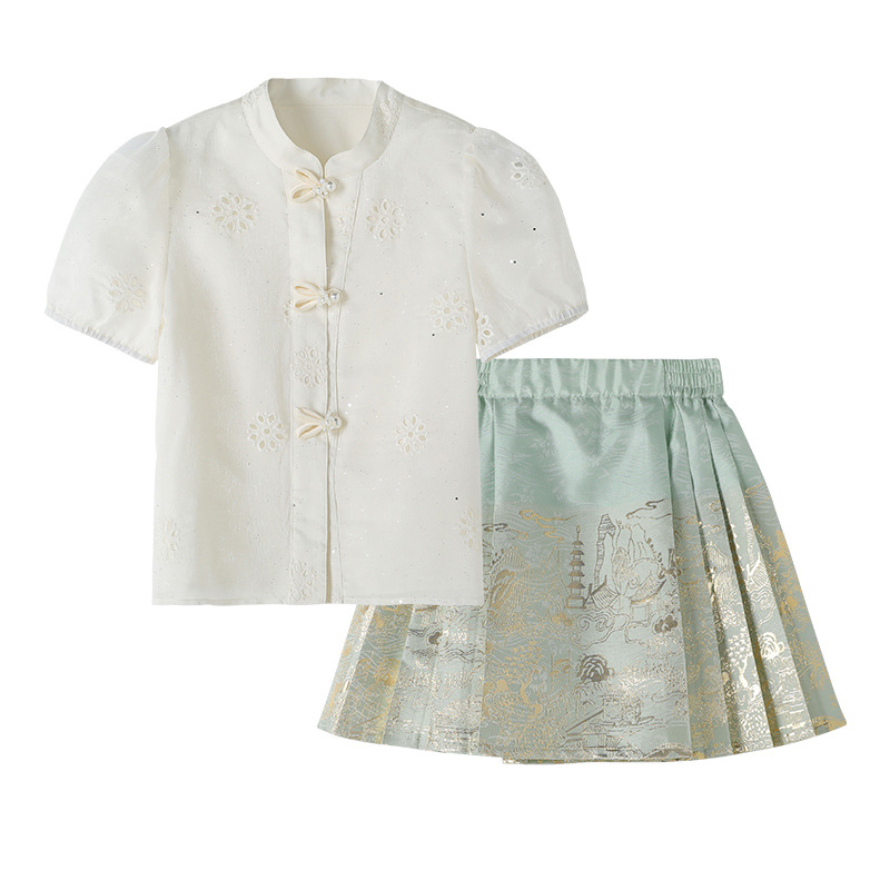 National Trend - Girls' Set 2026 Summer New Children's Chinese Style Two-piece Set, Little Girl's Stylish Short-sleeved shirt, Horse Face Skirt Item Picture