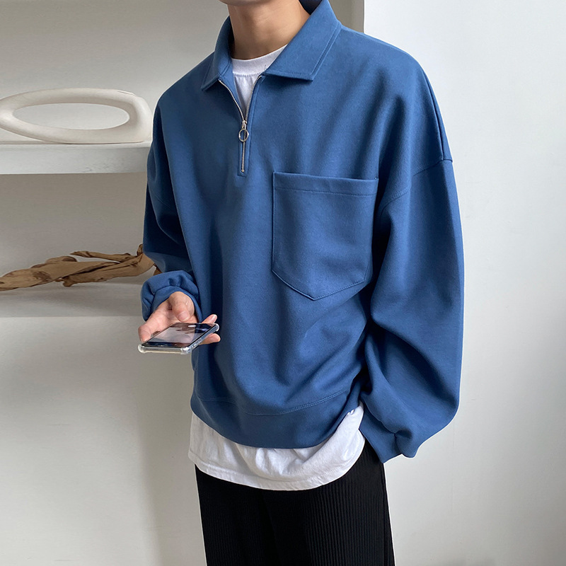 Lapel hoodie, men's polo shirt, spring and autumn Korean men's loose long-sleeved top, ins trendy brand coat Specification image