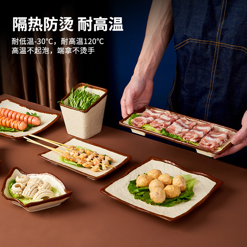Street-style tableware, anti-porcelain clay bowls for hot pot restaurants, nostalgic and retro plates, side plates, snack plates, melamine commercial round plates Application Scenario