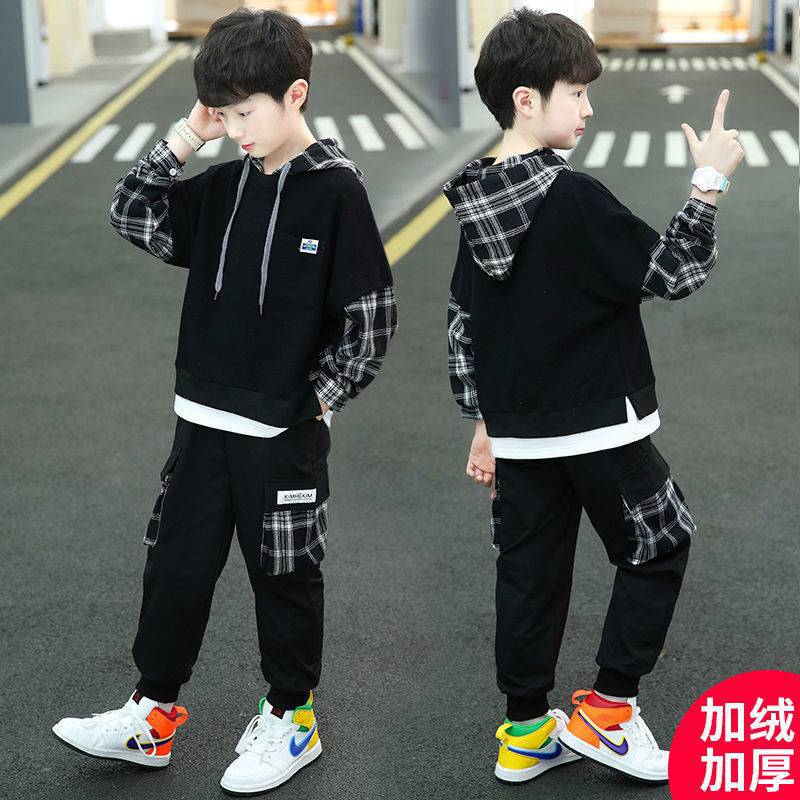 Boys' autumn and winter set, Children's 8 sports 9 Winter 10 fleece hoodie and long pants two-piece set, big boys' clothing for 12 years old Specification image