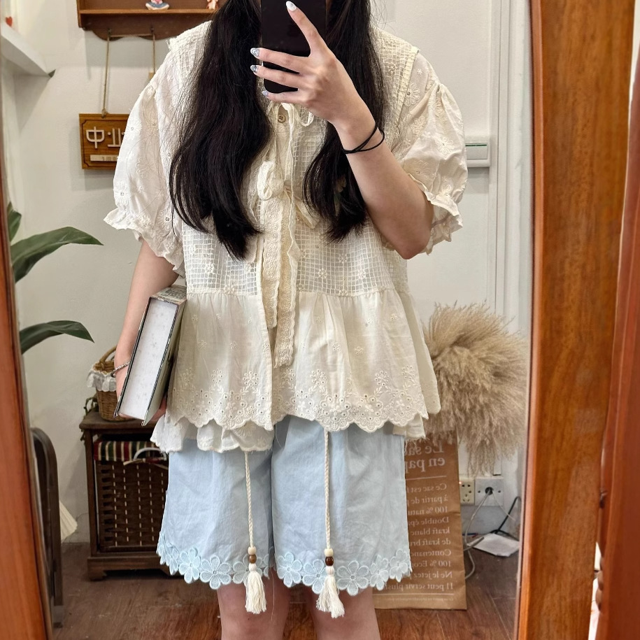 日系学院风圆领花边短袖衬衣女夏季新款小个子小众宽松休闲衬衫女