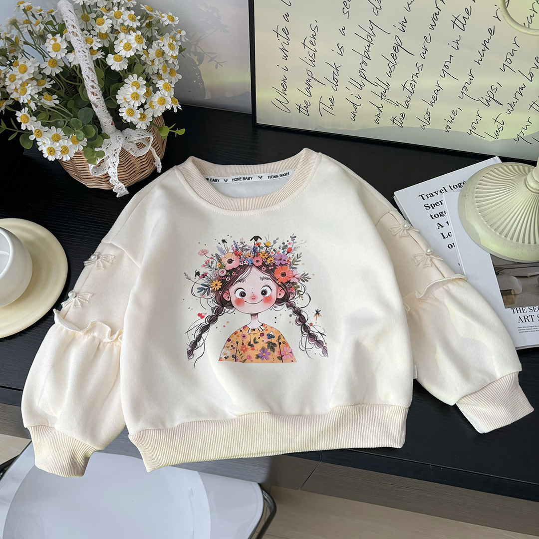 The new cotton baby princess bow cartoon long-sleeved spring and autumn sweatshirt for girls in the 2024 autumn is stylish with a round neck details Picture