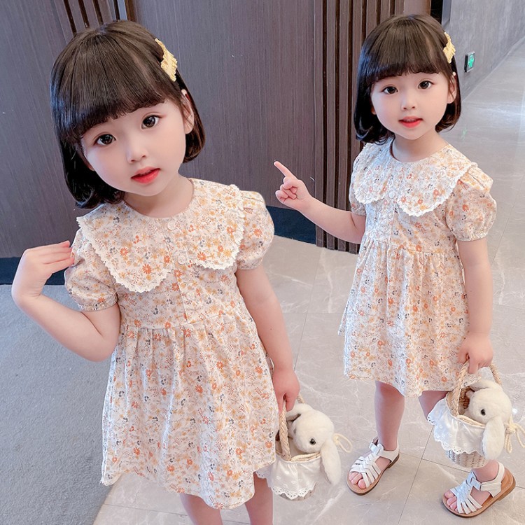 Girls' summer dress, baby floral print dress 2022 new style children's summer princess dress, little doll collar dress details Picture