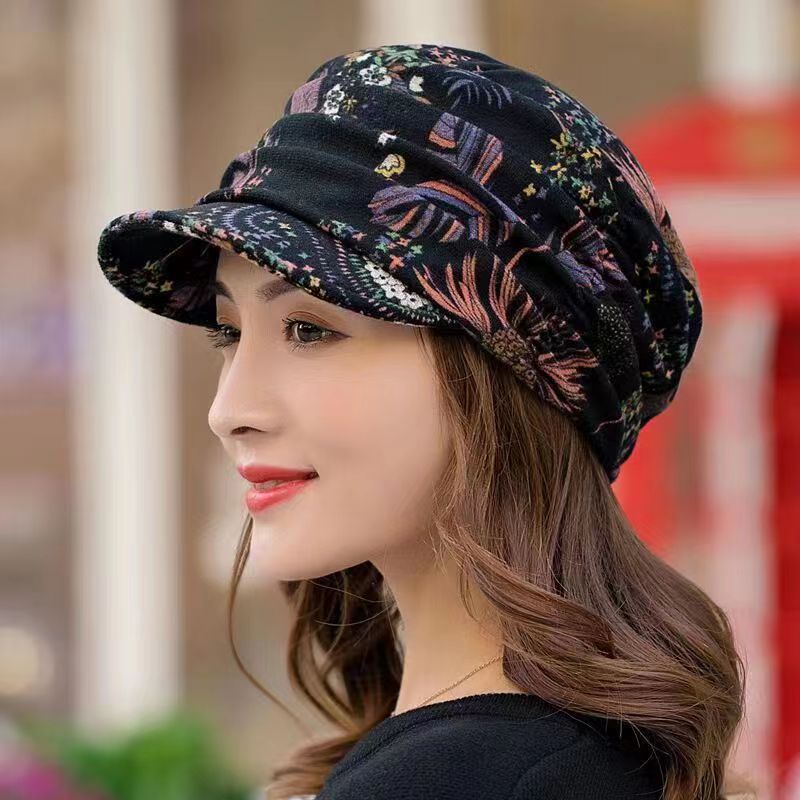 2024秋冬新款碎花短帽檐保暖软帽檐鸭舌帽子防寒加绒棒球帽女士