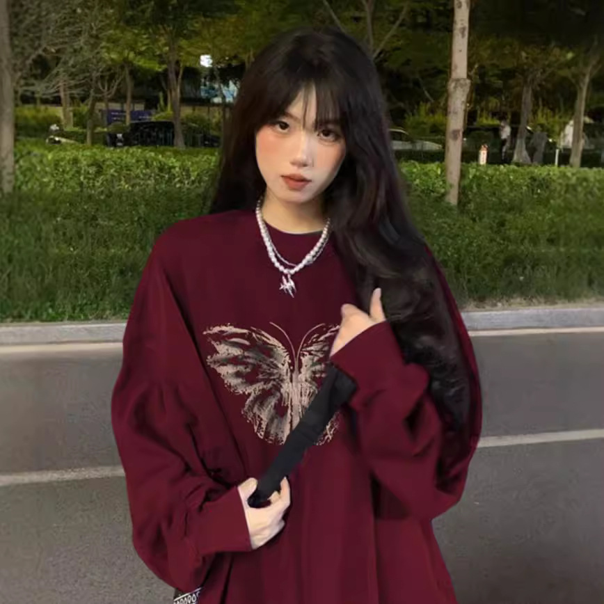 大码美式ins圆领卫衣女春秋新款薄款小众设计感长袖套头上衣宽松