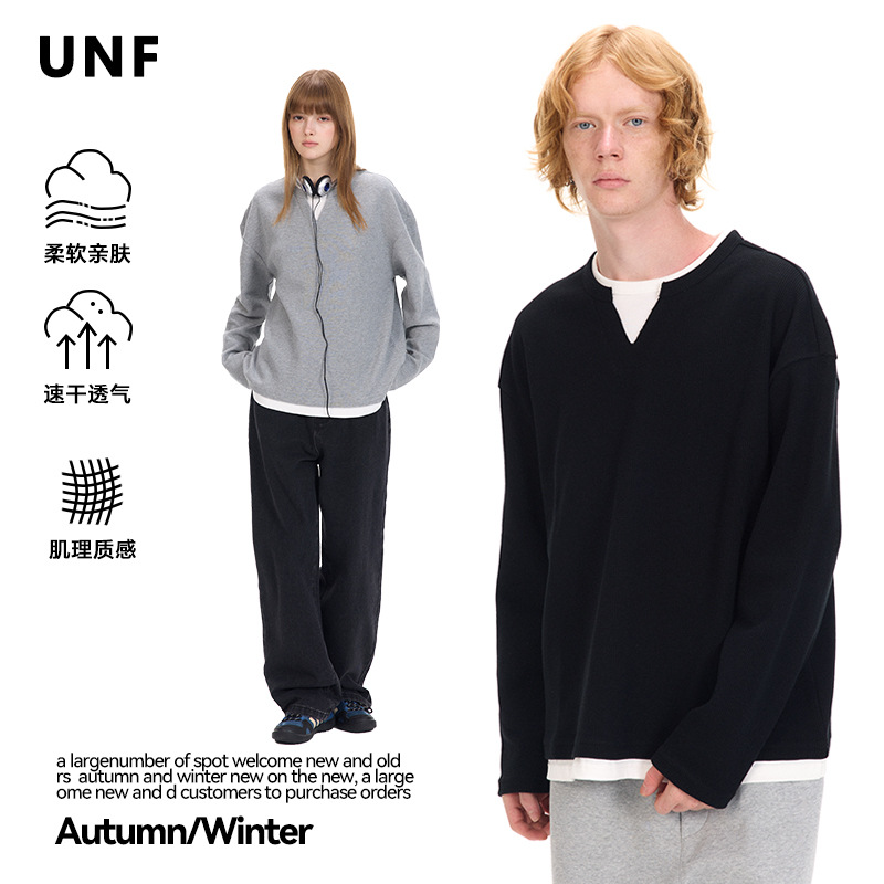 UNF's new autumn and winter collection of niche American fake two-piece Waffle solid color long-sleeved T-shirts, 320G round-neck knitted sweaters for men and women