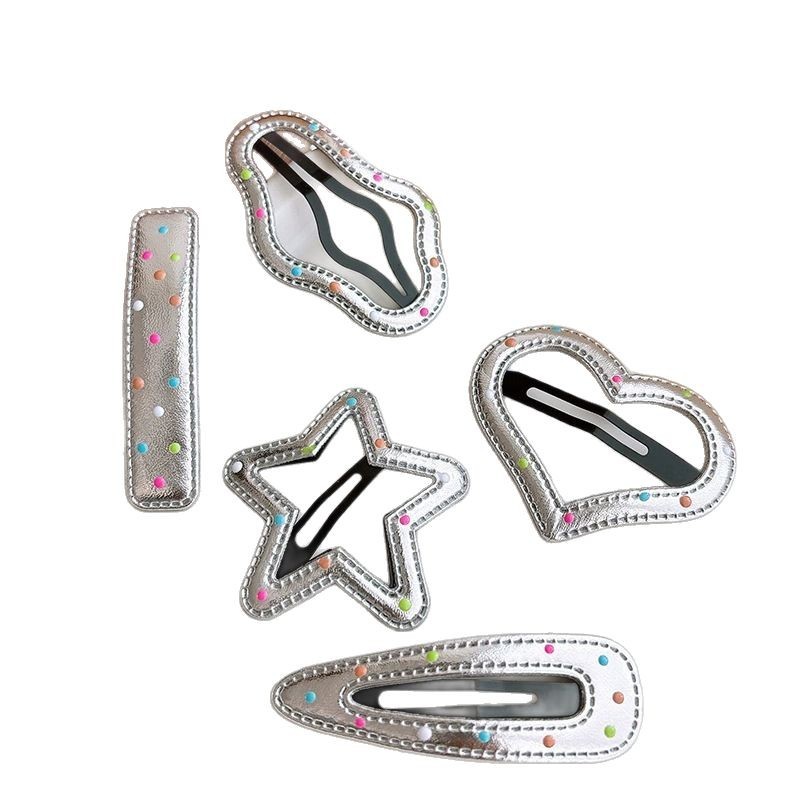Girl's colorful polka dot silver leather hair clips, star water drop cloud BB clips, student side clips, bangs clips, hair clips Item Picture