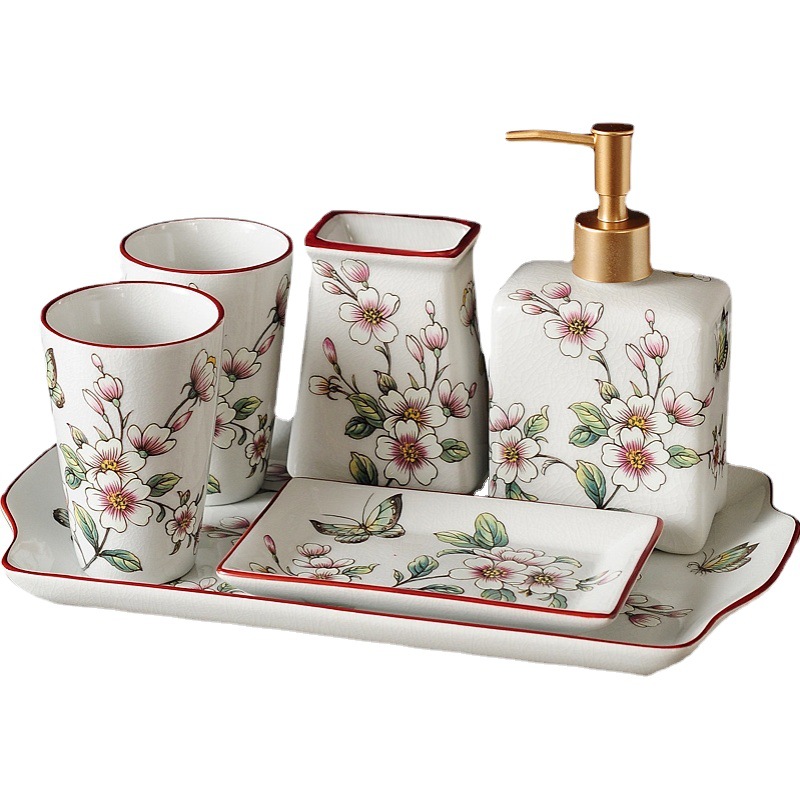 6Ga American Clean Fresh Air Ceramic Bathroom Mouthwash Cup Set Five-Piece Set Six-Piece Chinese Bathroom Brushing Cup Item Picture