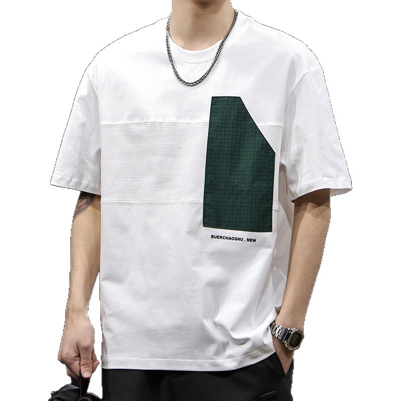 Patchwork trendy brand short-sleeved T-shirt for men's summer 2025 new large-sized high-end clothing, a heavyweight white top T-shirt Item Picture