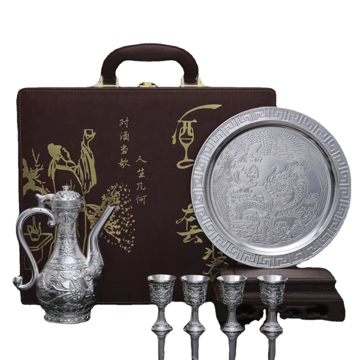 Chinese-style dragon and phoenix wine set, creative, light luxury, ancient-style household high-end tray wine divider, highball glass gift box display piece Item Picture