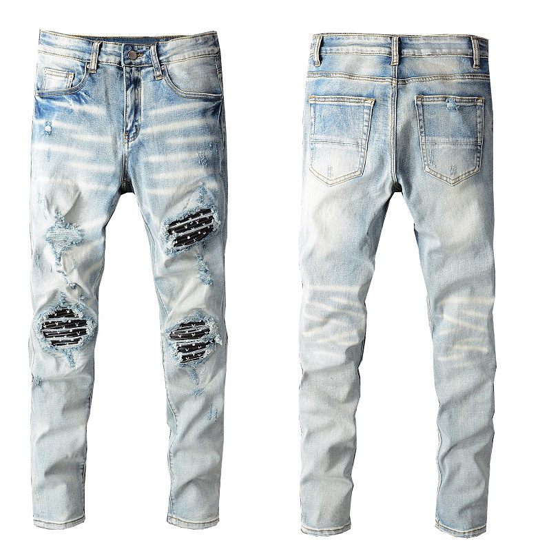 Xiaodan custom-made American high street men's ripped jeans, men's PU patchwork patch slim stretch skinny pants Item Picture