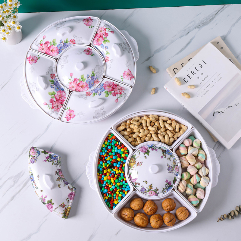 New Plastic Household Creative Nut Plate With Lid Partition Plastic Seal New Chinese Fruit Plate Printing details Picture
