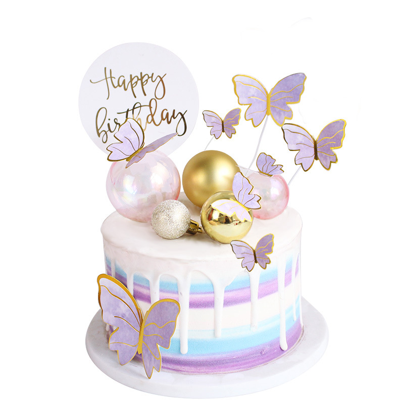 跨境亚马逊 烘焙蛋糕装饰套装 生日蛋糕蝴蝶亮球生日快乐插件插牌图