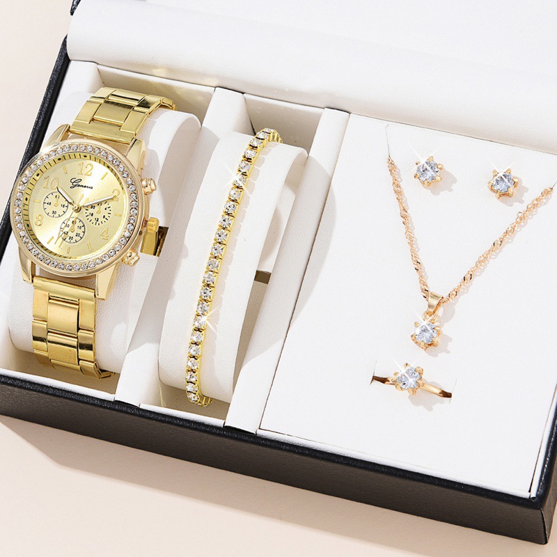 Foreign Trade Explosive Five-Piece Women's Watch Tiktok The Same Women's Watch Three-Eye Set Quartz Diamond Watch Gift Watch Application Scenario