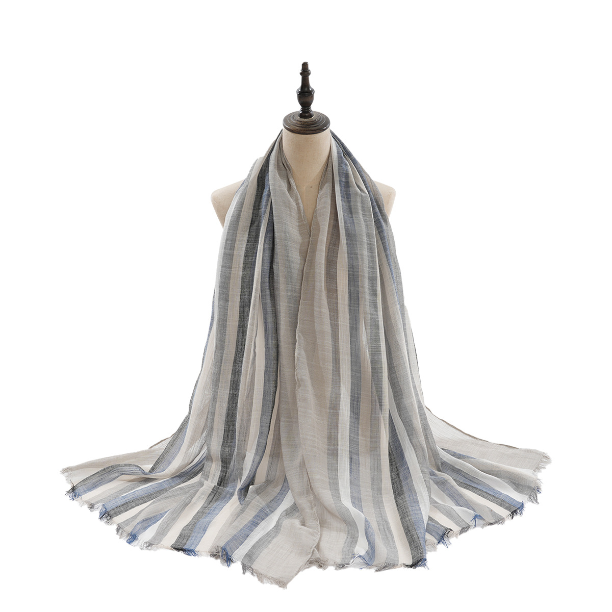 Spring and Autumn 2023 Thin cotton and linen shawl and scarf for export, vertical striped women's fashionable and simple short beard scarf, windproof