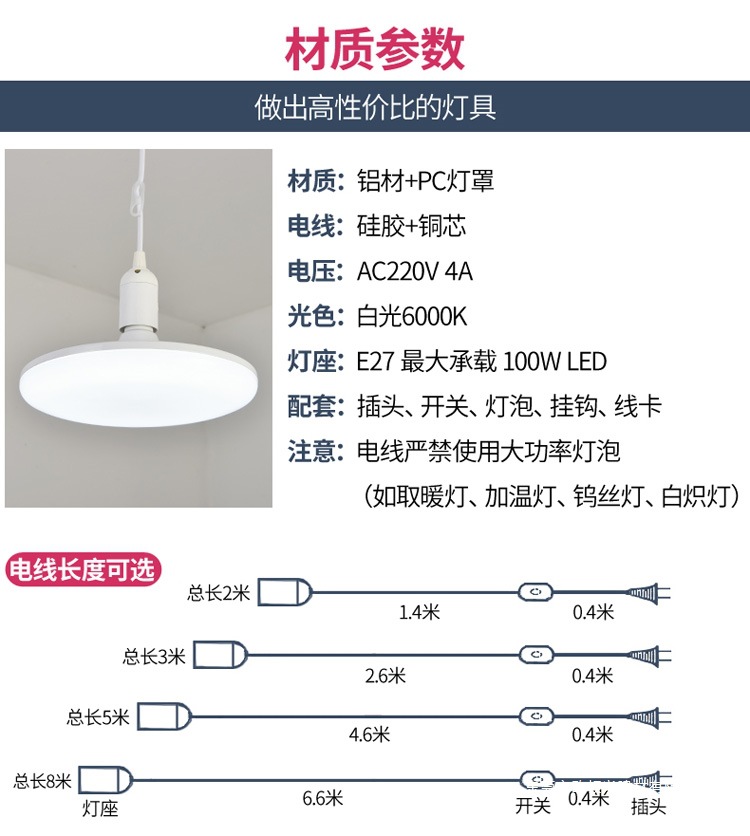 家用LED插头开关插座飞碟灯带线超亮简易灯炮照明悬挂式节能吊灯详情5