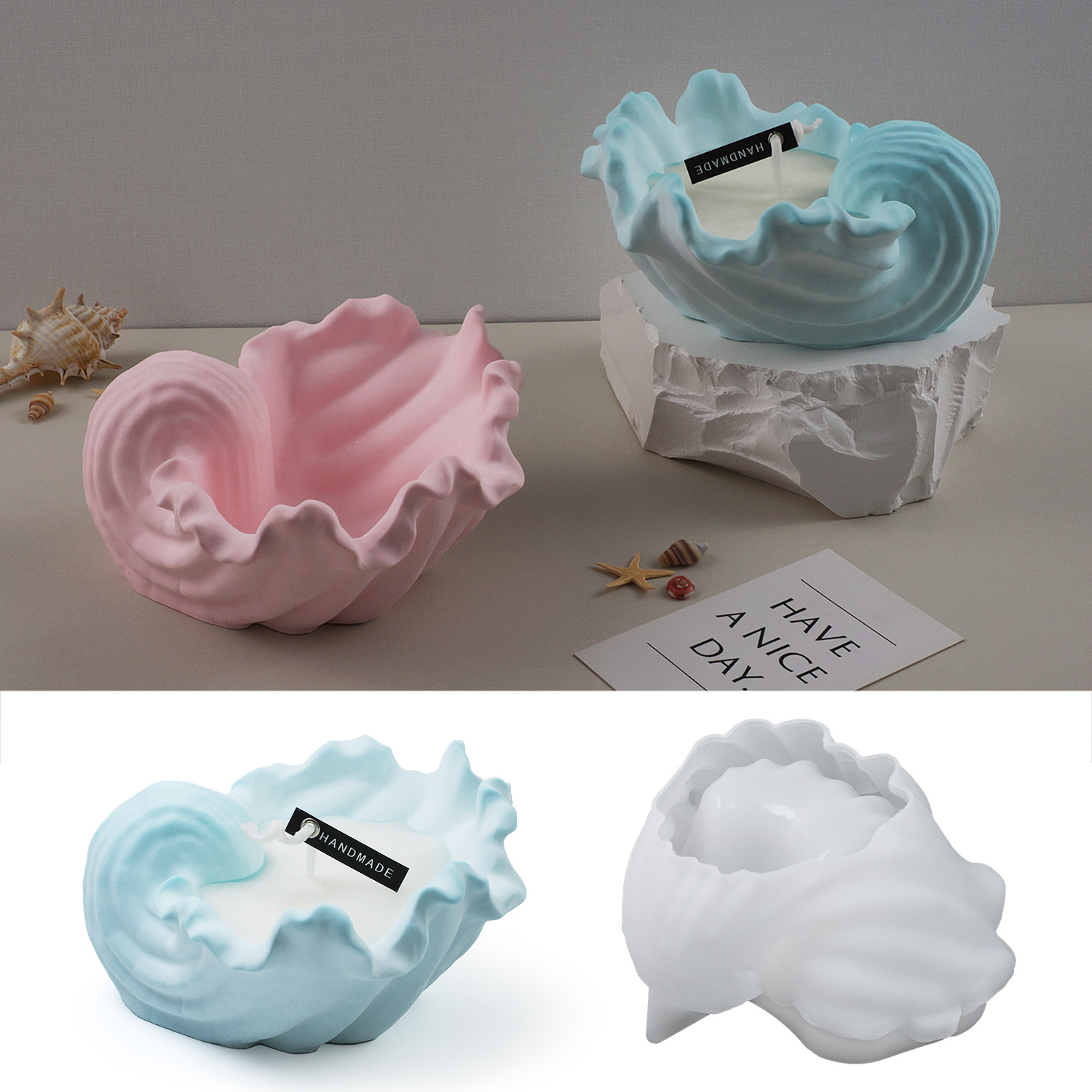 diy gypsum cement scented candles, cups and plates, conch and shell ocean-style mirror silicone mold creative ornaments details Picture