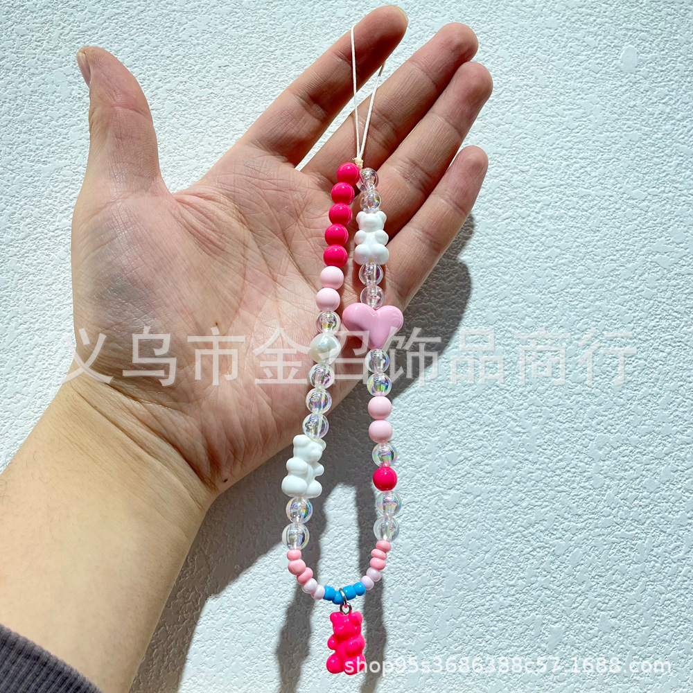 2023 Little Bear Mobile Phone Chain, Heart-shaped Bow, beaded Mobile Phone Pendant, Cartoon Dessert, Pearl Mobile Phone Lanyard Chain