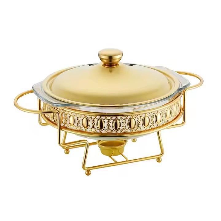 Cross Border Source Heat-Resistant Glass Dinner Stove Round With Cover Alcohol Heating Golden Buffet Pot Constant Temperature Buffy Stove details Picture